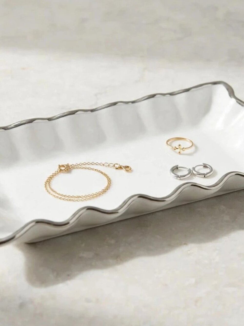 Nicole Miller Home Silver Rim Tray | White Ceramic Wavy Edge Trinket Dish